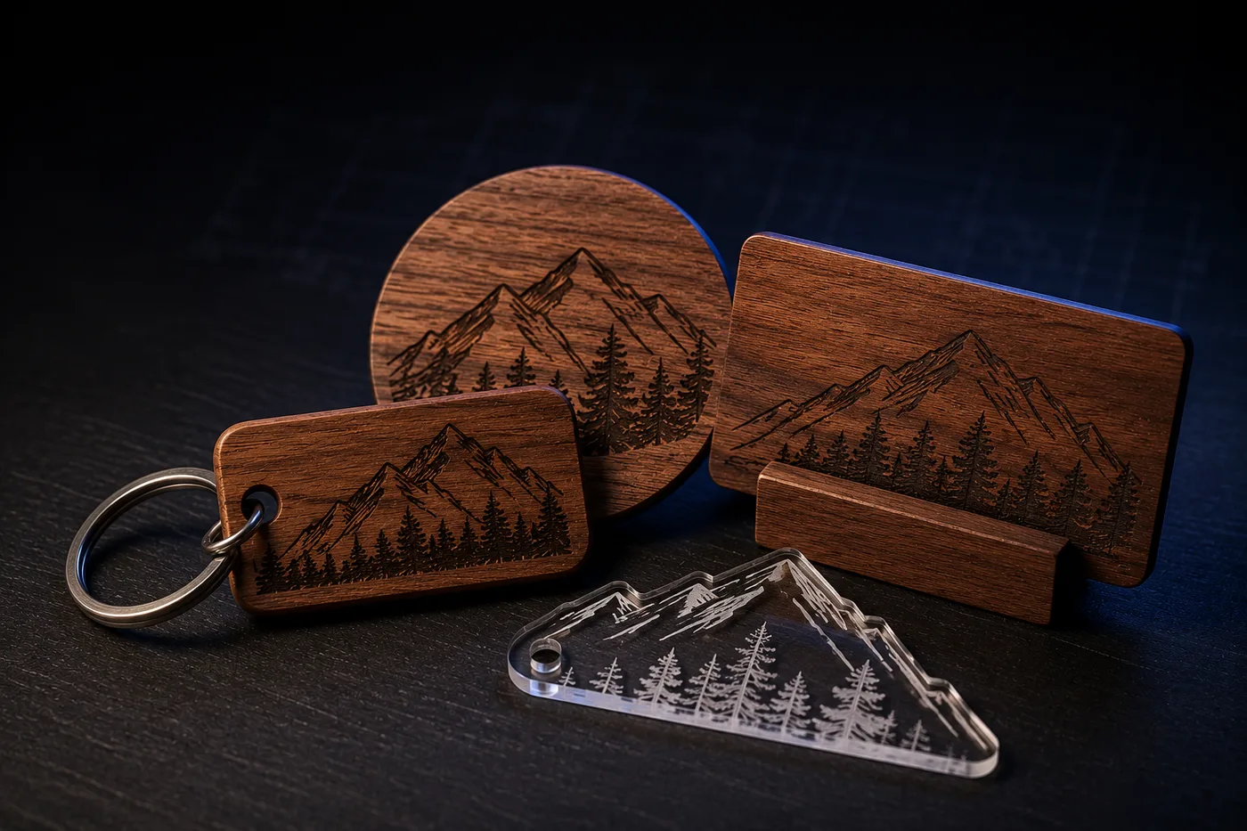 A walnut keychain, coaster, sign and acrylic tag sharing one mountain line-art design