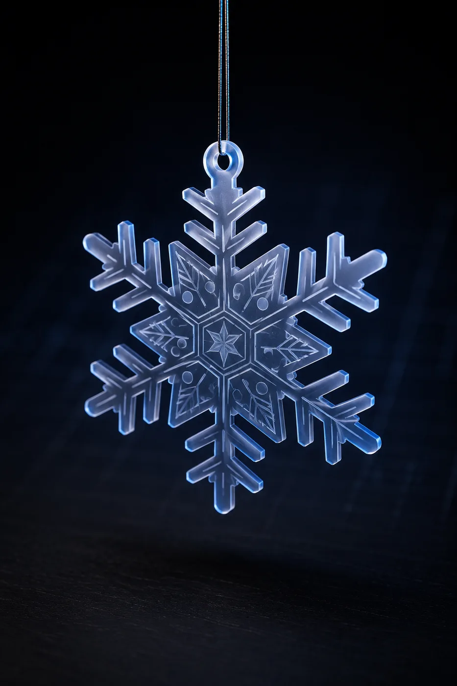 Die-cut frosted-acrylic snowflake ornament, edge-lit blue