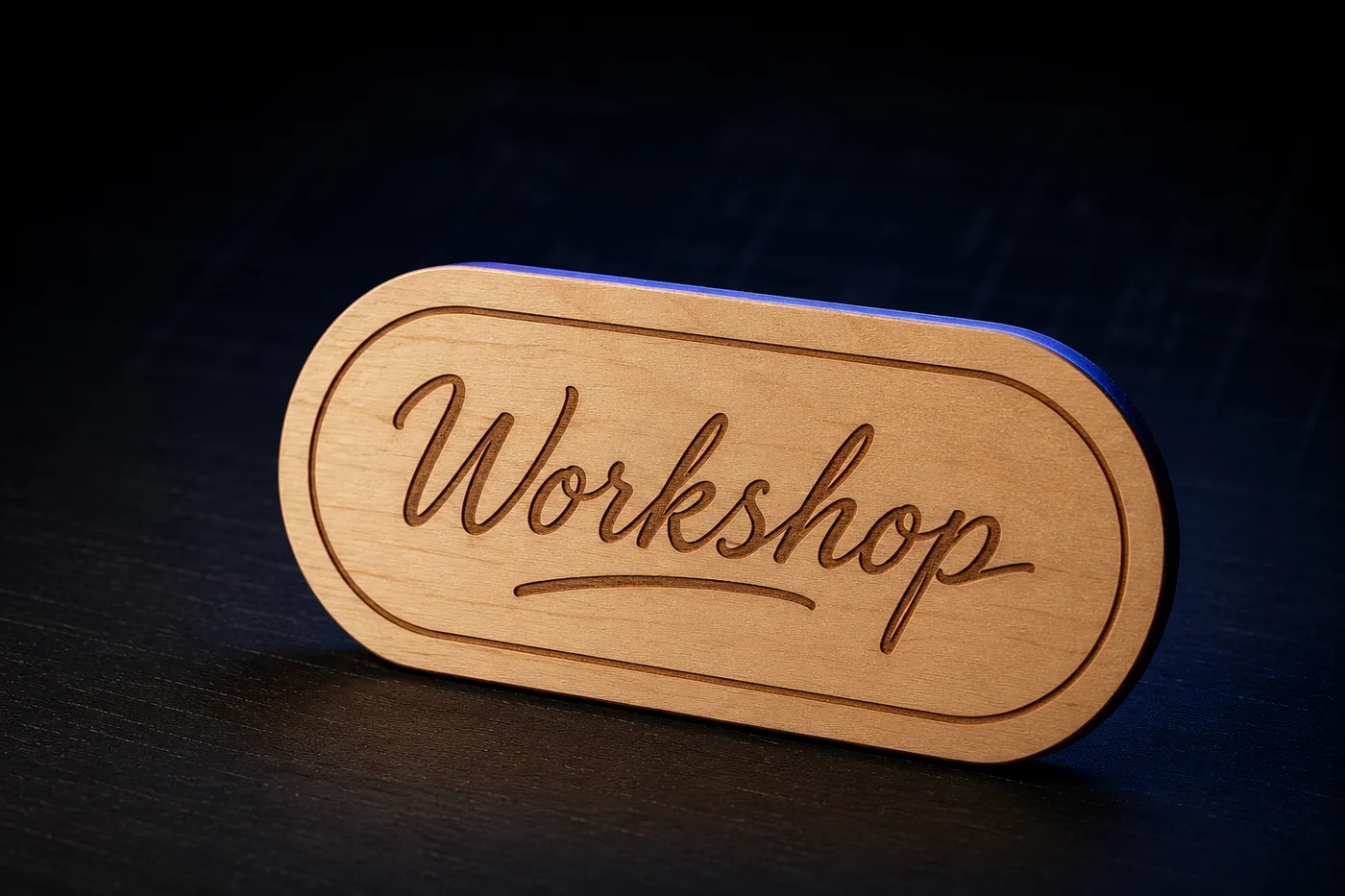 Maple wood sign laser-engraved with the word Workshop