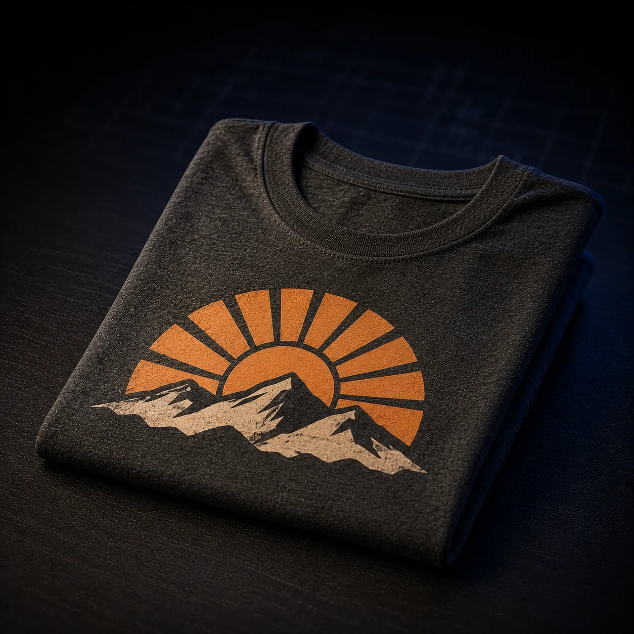 Folded heather t-shirt printed with a sun-and-mountains emblem