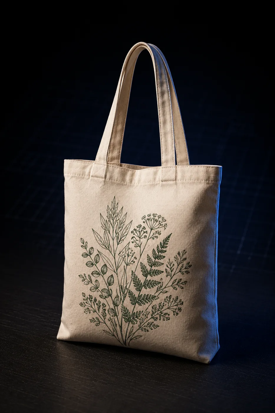 Natural canvas tote bag printed with a botanical line-art design