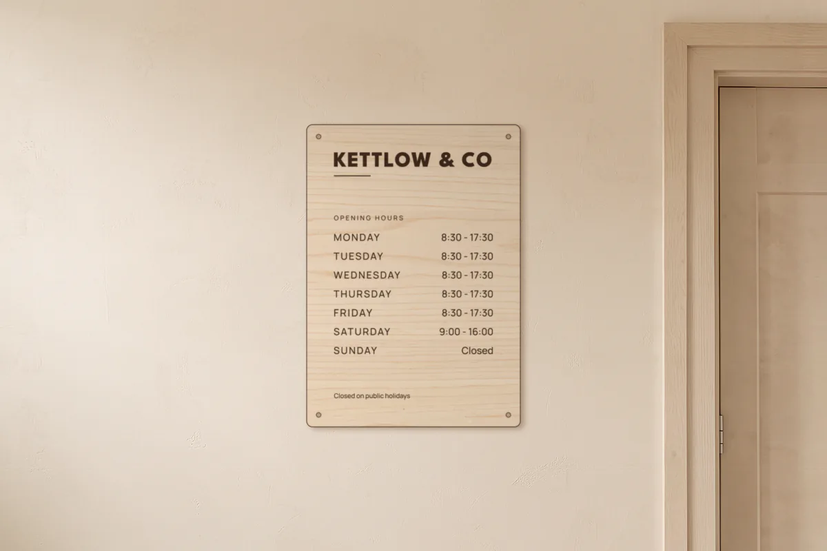 Opening hours sign