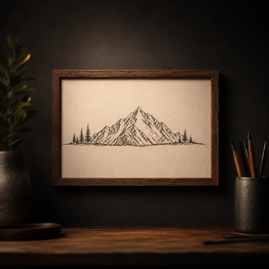 Framed mountain line-art print on a wall